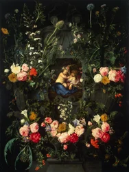 Guirlanda de flores ao redor de uma cartela com Jesus e São João Batista como crianças.